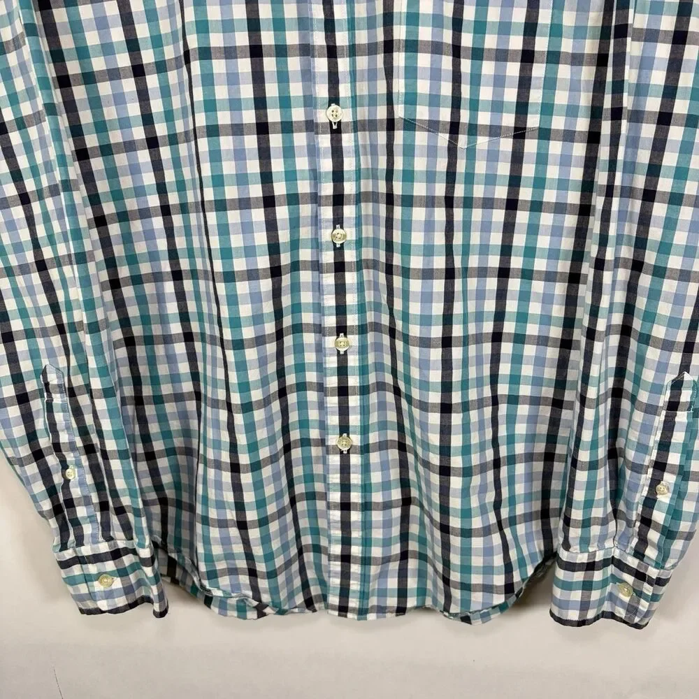 J.Crew Button Down Shirt Mens Large Blue Teal Black Gingham Check Long Sleeve
